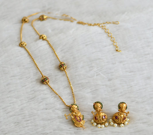 Matte finish ruby-green krishna pendant with ball chain set dj-43404