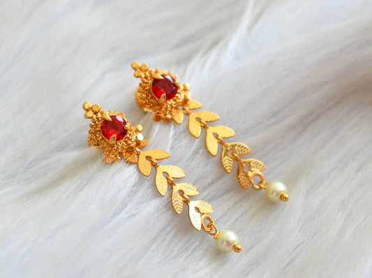 Gold tone maroon pearl leaf earrings dj-42674
