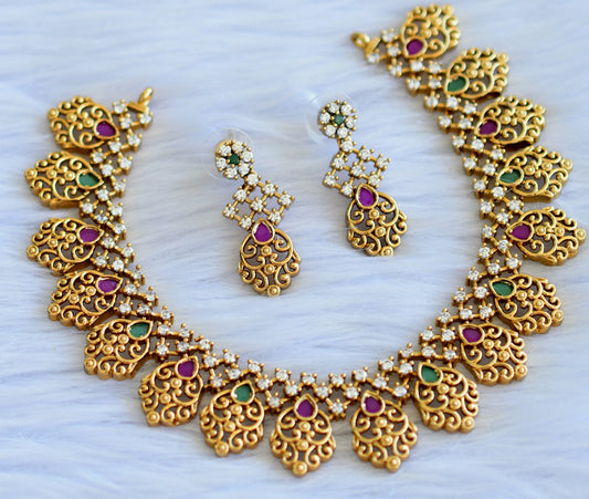 Matte finish cz ruby-green-white stone necklace set dj-44001