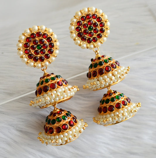 Gold tone kemp-green pearl step jhumkka dj-45737