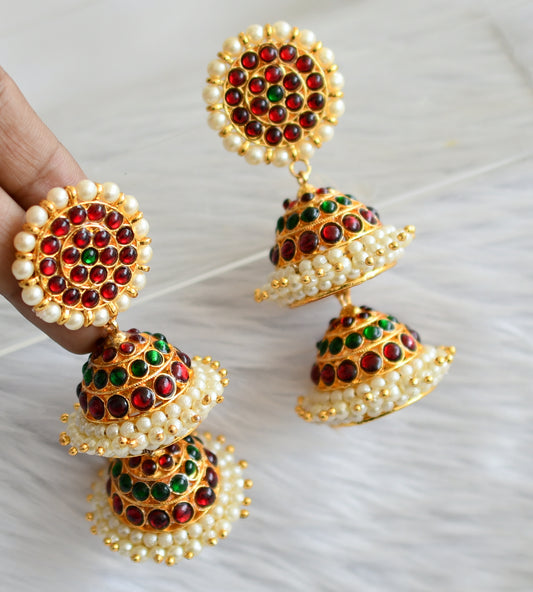 Gold tone kemp-green pearl step jhumkka dj-45737