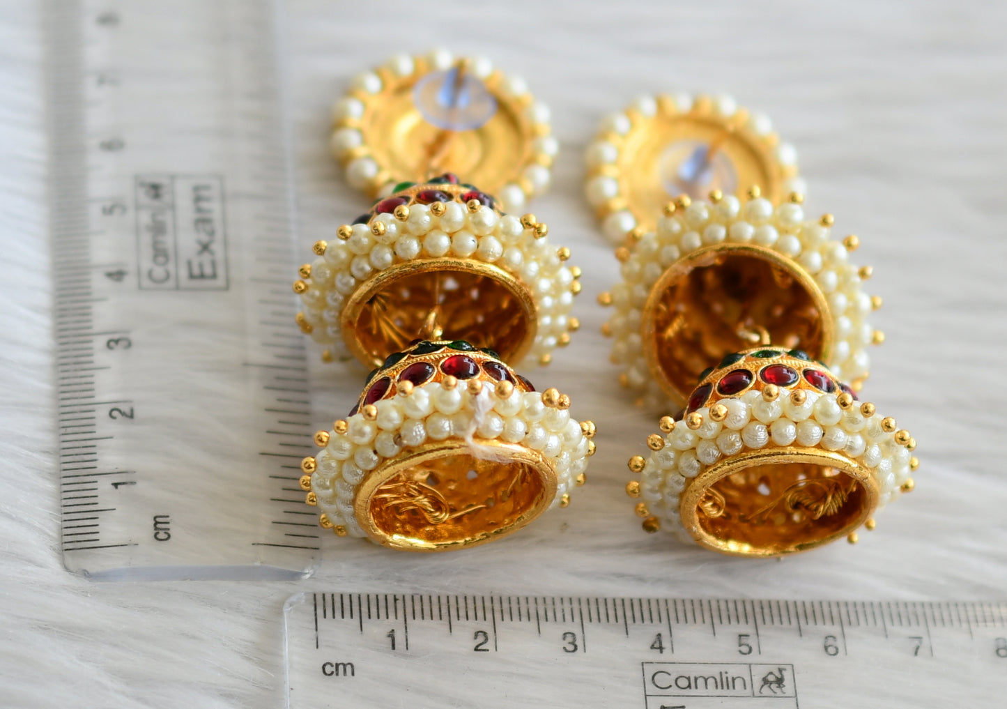 Gold tone kemp-green pearl step jhumkka dj-45737
