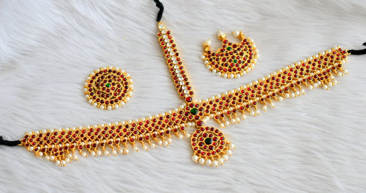Gold tone kemp-green pearl sun-moon maang tikka dj-45731