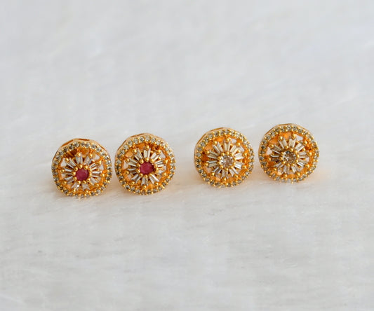 Gold tone cz white-ruby round combo earrings/stud dj-49224