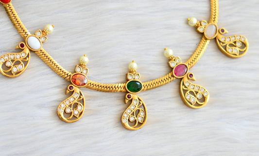 Matte finish navaratna stone peacock necklace set dj-34399