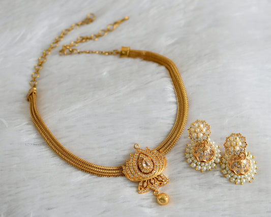 Gold tone cz white -pearl lotus necklace set dj-47433