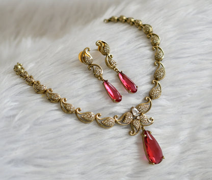 Antique cz white-magenta pink mango victorian necklace set dj-45763