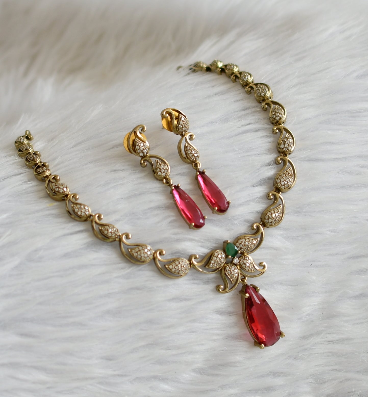 Antique magenta pink-green-white mango victorian necklace set dj-45764