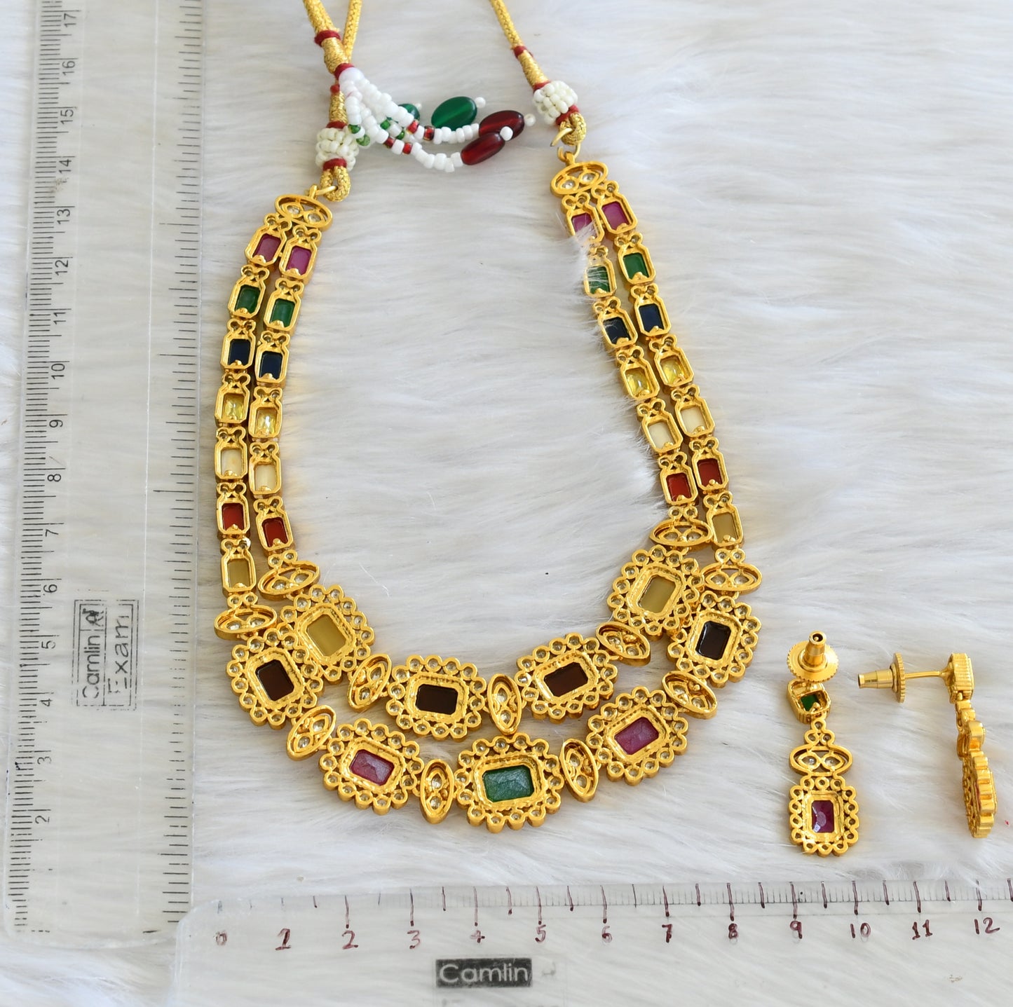 Matte finish navarathna double layer necklace set dj-42704