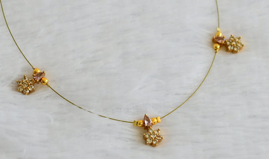 Gold tone cz baby pink flower invisible necklace dj-49269