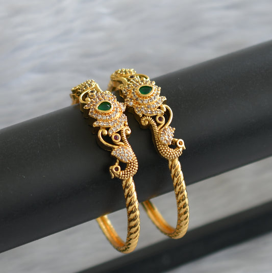 Gold tone ruby-green-white lotus peacock kada/bangles(2.4) dj-45780
