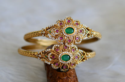 Antique gold tone Cz ruby-green Flower Kada/bangles(2.6) dj-42564