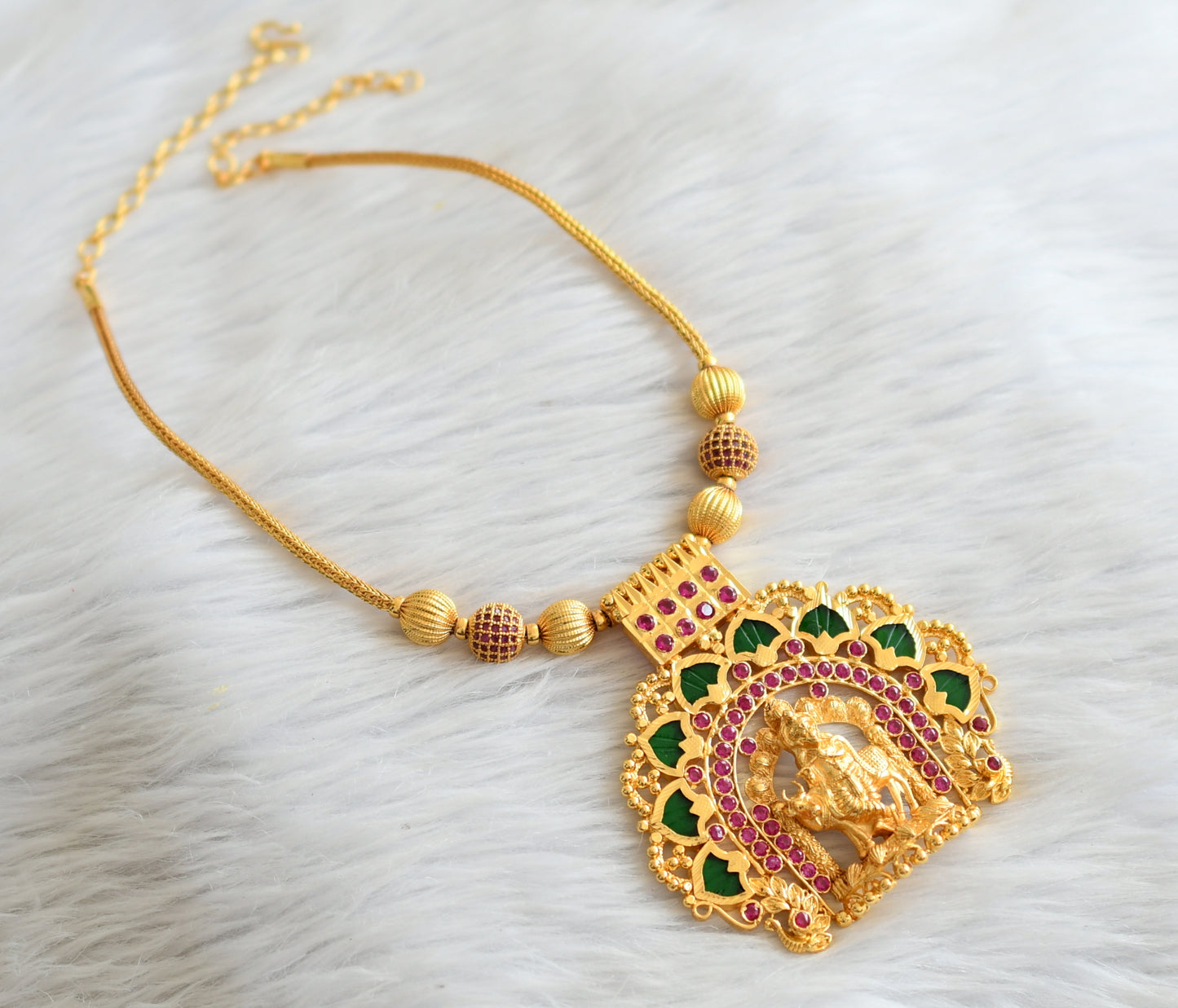 Gold tone ruby ball ad pink-green palakka krishna kodi necklace dj-45834
