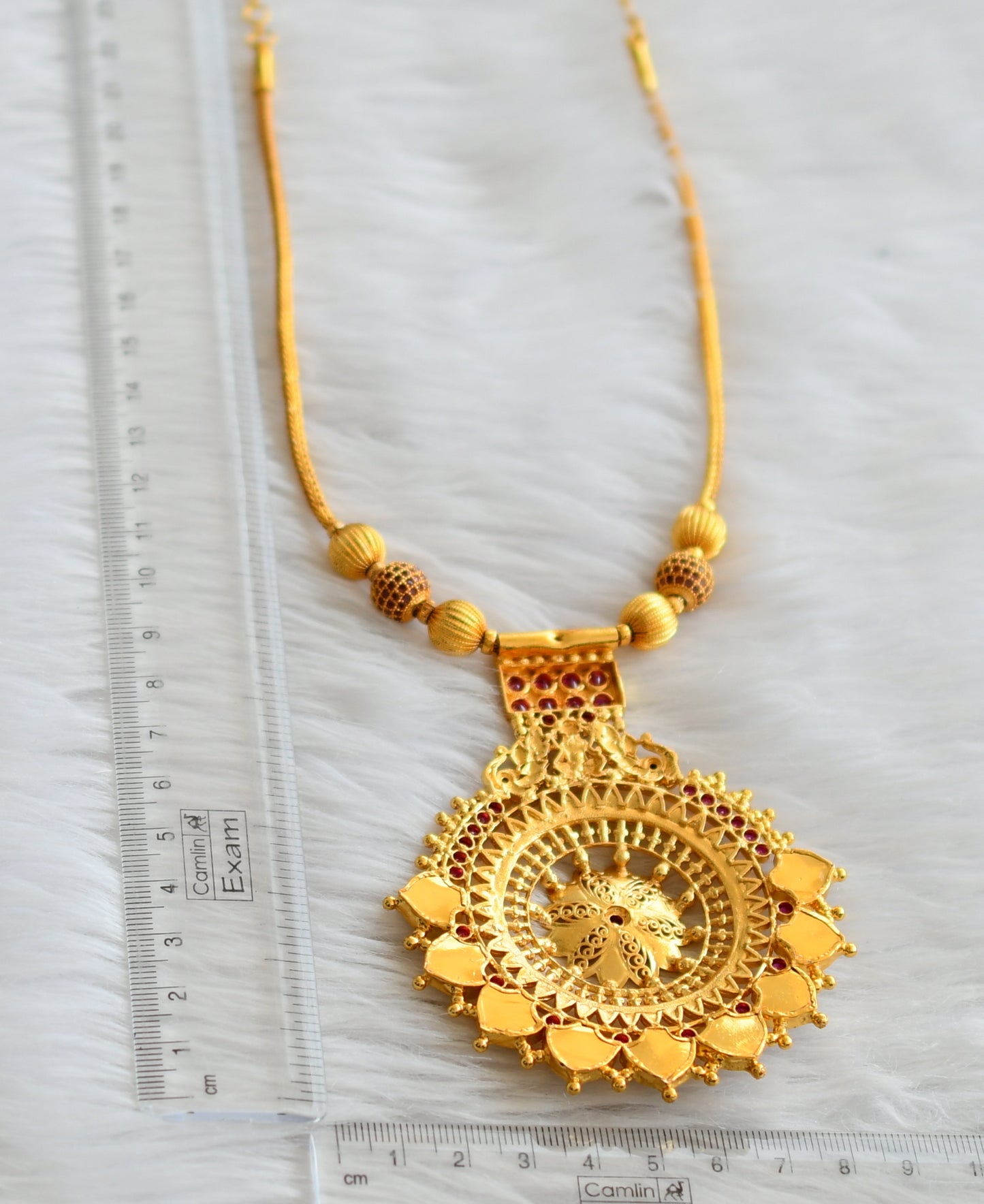 Gold tone ruby ball ad pink-green palakka lakshmi peacock flower kodi necklace dj-45833