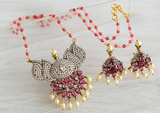 Antique gold tone cz pink-white lotus victorian necklace set dj-44057