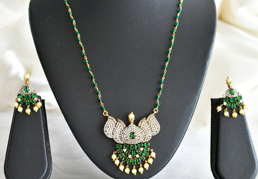 Antique gold tone cz green-white lotus victorian necklace set dj-44058