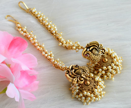 Matte finish ruby Swan pearl cluster jhumkka with ear side chain dj-44078