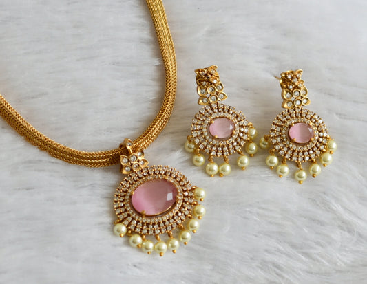 Matte finish baby pink-white pearl oval stone necklace set dj-47485