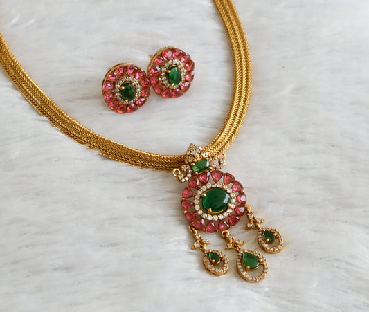 Matte finish baby pink-green-white oval stone necklace set dj-47487