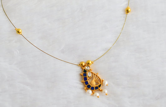 Gold tone blue-white kundan jadau pearl peacock invisible necklace dj-49321