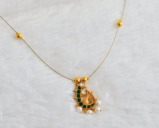 Gold tone green-white kundan jadau pearl peacock invisible necklace dj-49320