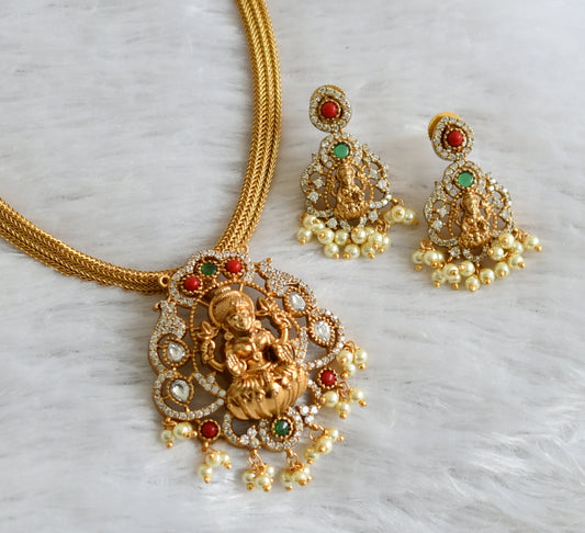 Matte finish coral-green-white stone lakshmi necklace set dj-47492