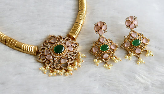 Matte finish green-baby pink-white pearl cluster kante necklace set dj-47496