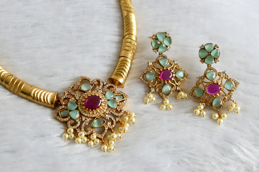 Matte finish pink-sea green-white pearl cluster kante necklace set dj-47495