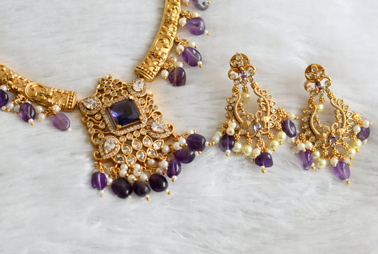 Matte finish cz white-purple block stone beaded kante necklace set dj-47500