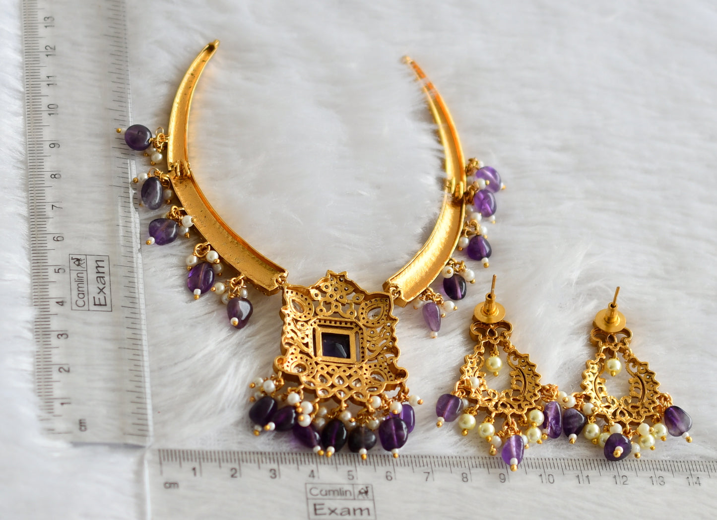 Matte finish cz white-purple block stone beaded kante necklace set dj-47500