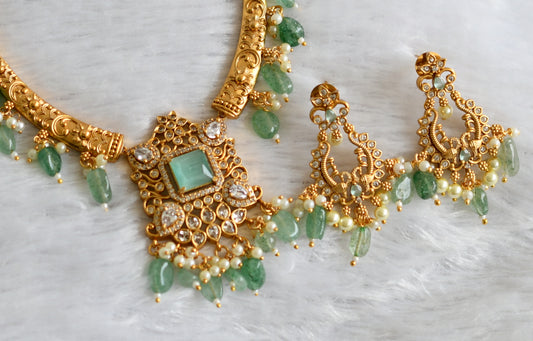 Matte finish cz white-sea green block stone beaded kante necklace set dj-47498