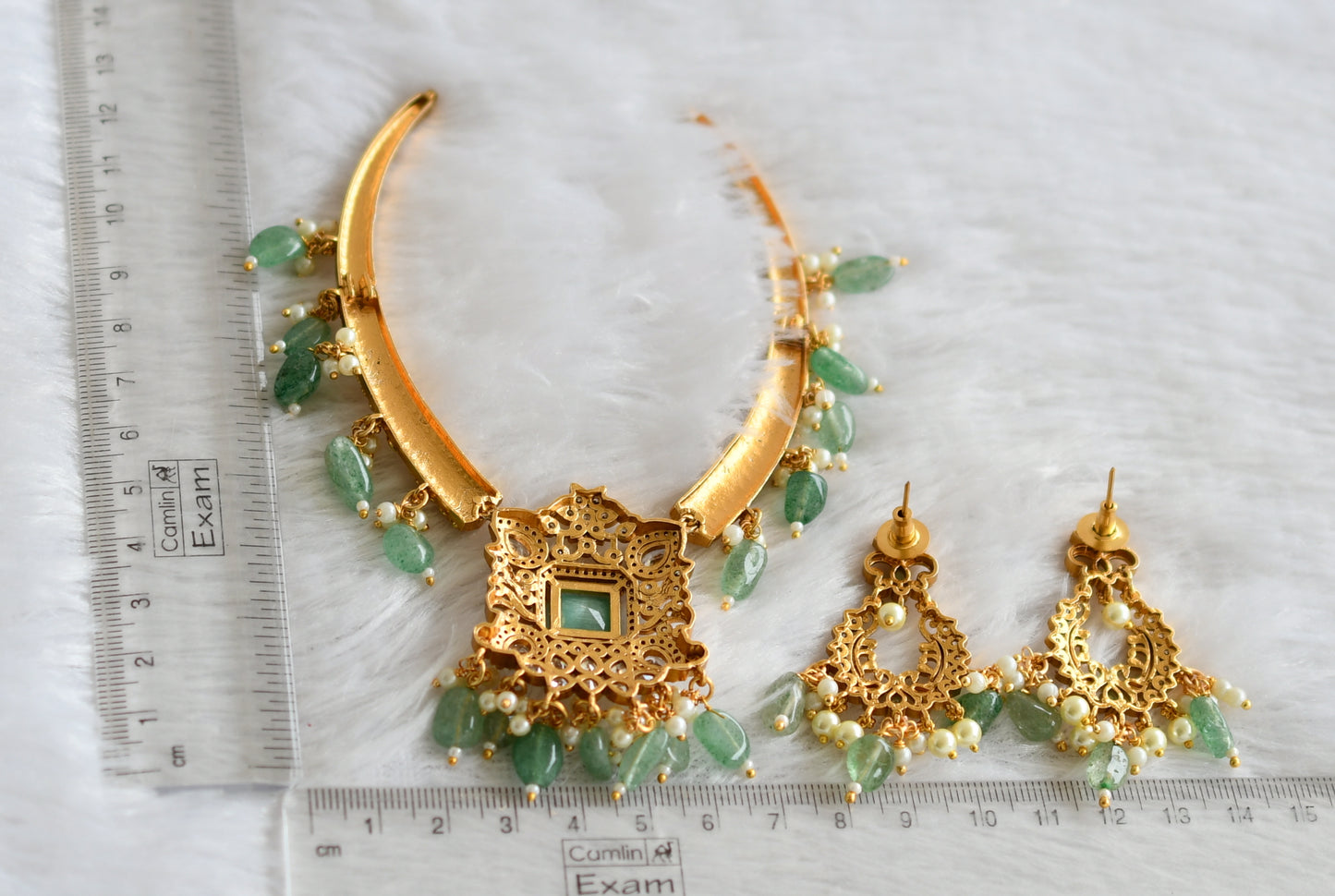 Matte finish cz white-sea green block stone beaded kante necklace set dj-47498