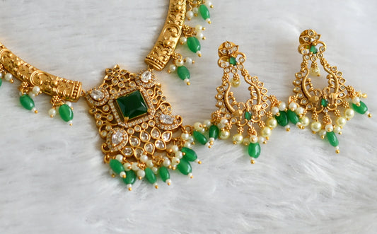 Matte finish cz white-green block stone beaded kante necklace set dj-47501