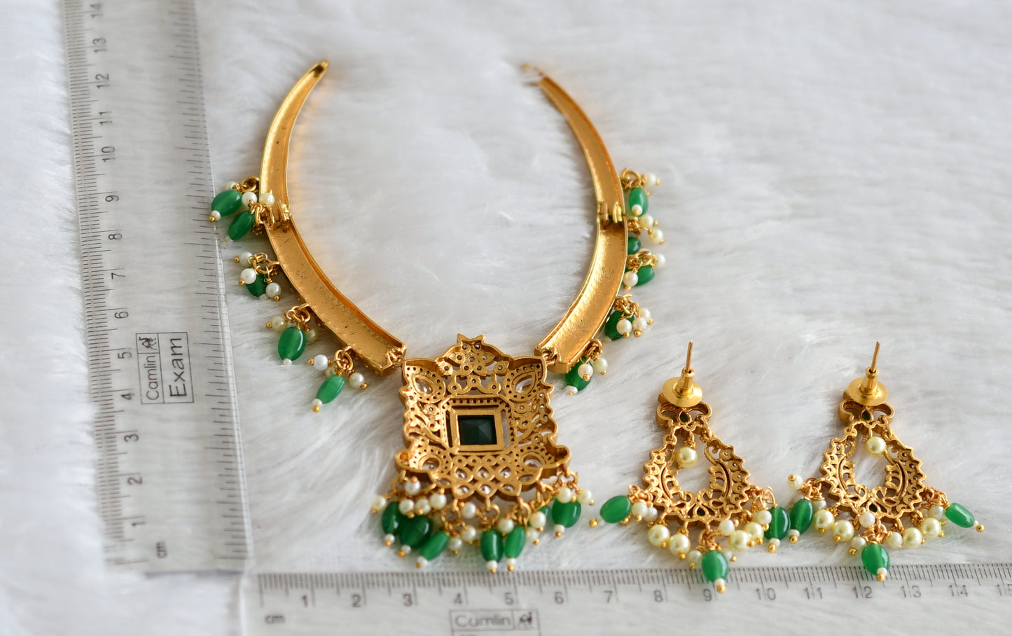 Matte finish cz white-green block stone beaded kante necklace set dj-47501