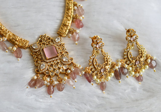 Matte finish cz white-baby pink block stone beaded kante necklace set dj-47499