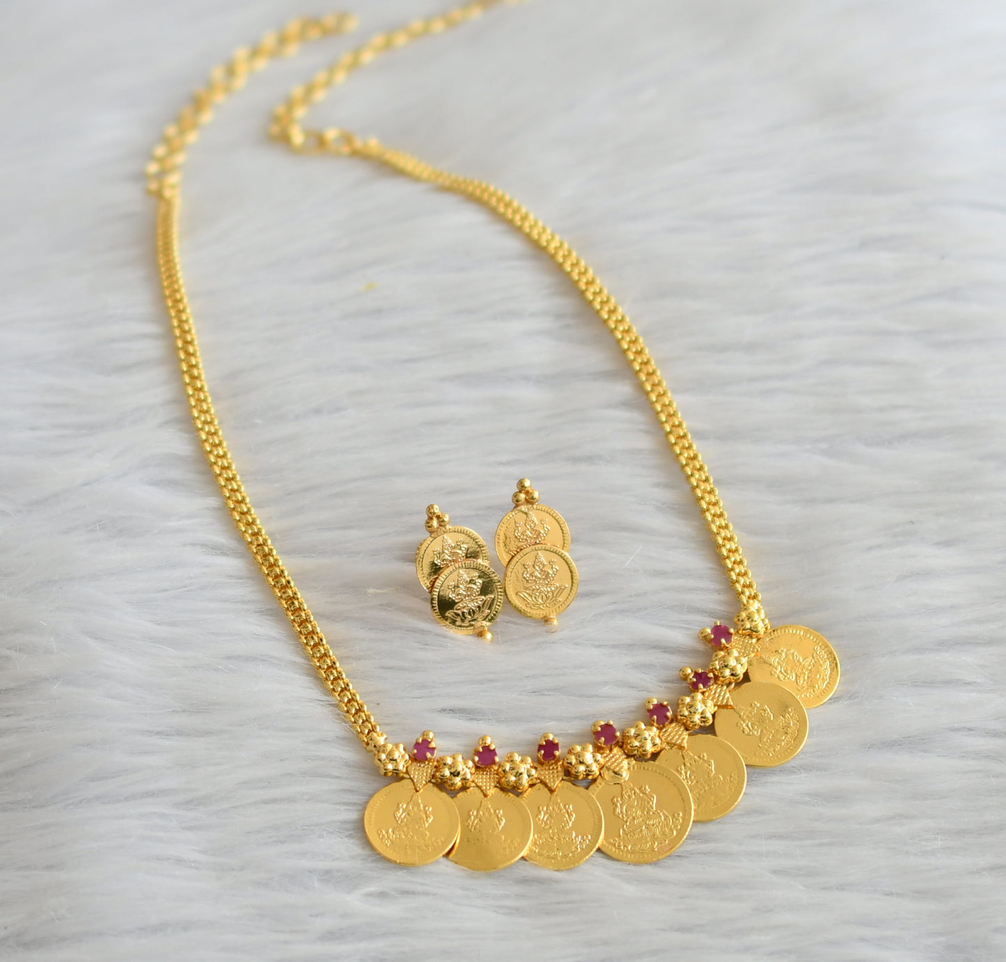 Gold tone ruby stone lakshmi coin necklace set dj-45862