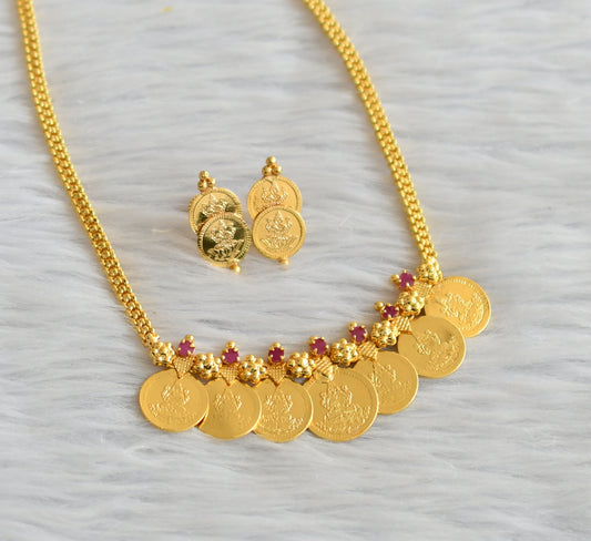 Gold tone ruby stone lakshmi coin necklace set dj-45862