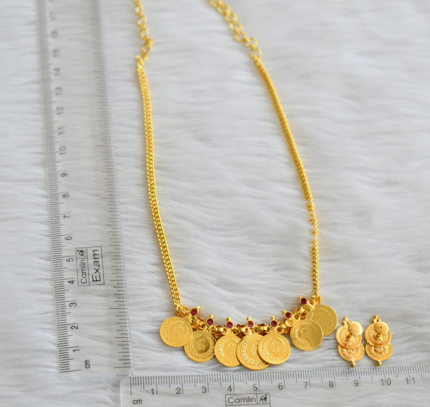 Gold tone ruby stone lakshmi coin necklace set dj-45862