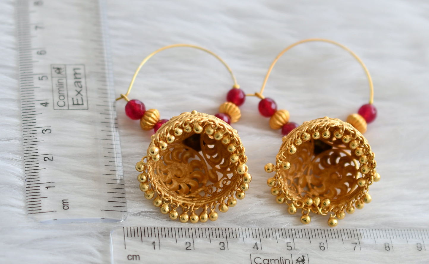 Matte gold tone ruby stone hoop jhumkka dj-45847
