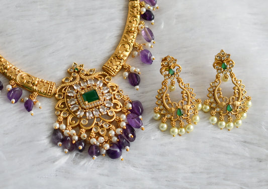 Matte finish cz white-green block stone purple beaded kante necklace set dj-47507