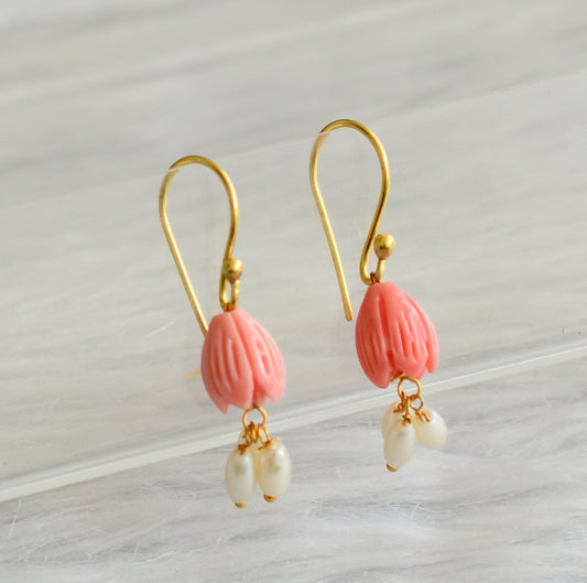 Gold tone pink tulip beaded earrings dj-45849