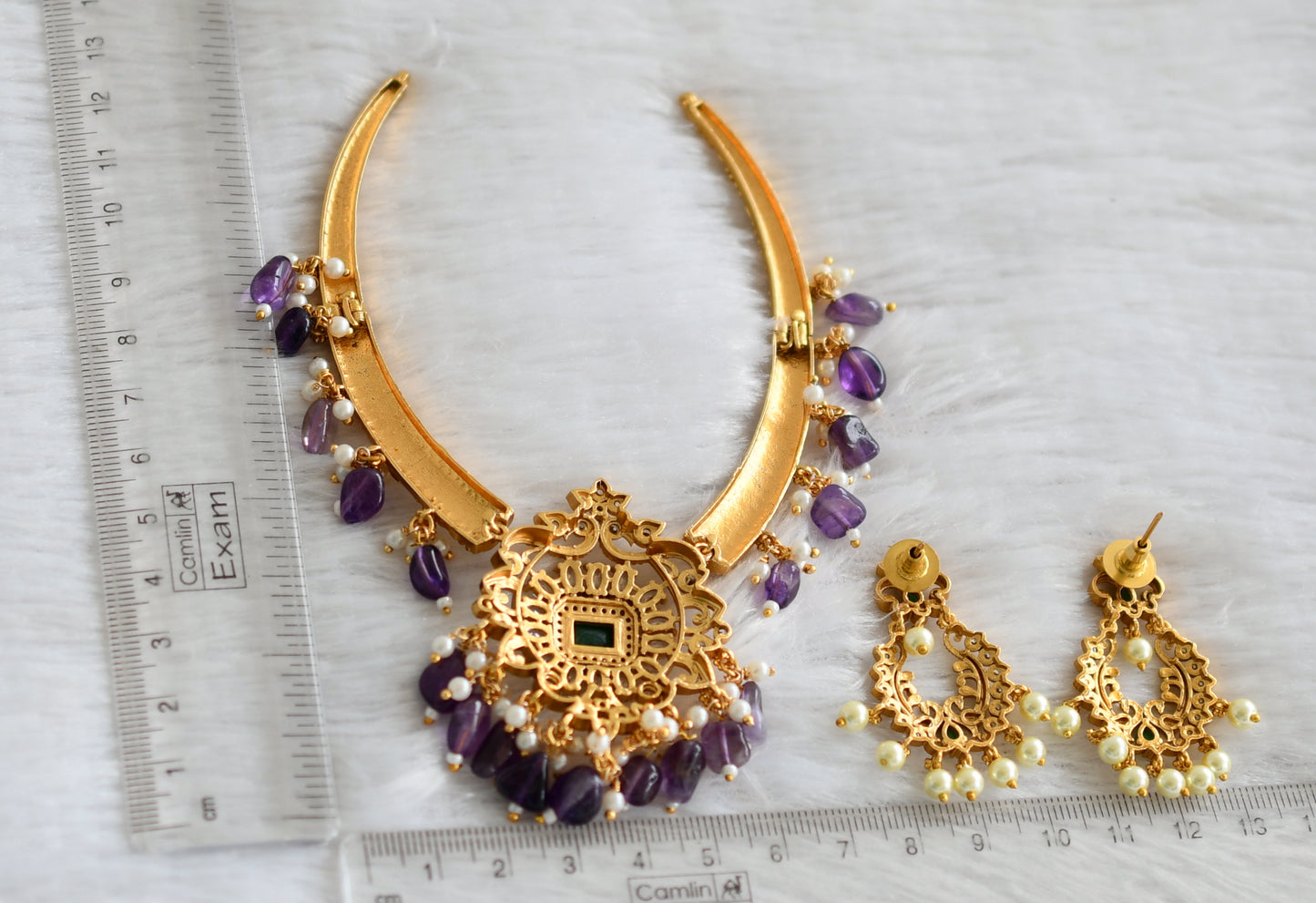 Matte finish cz white-green block stone purple beaded kante necklace set dj-47507