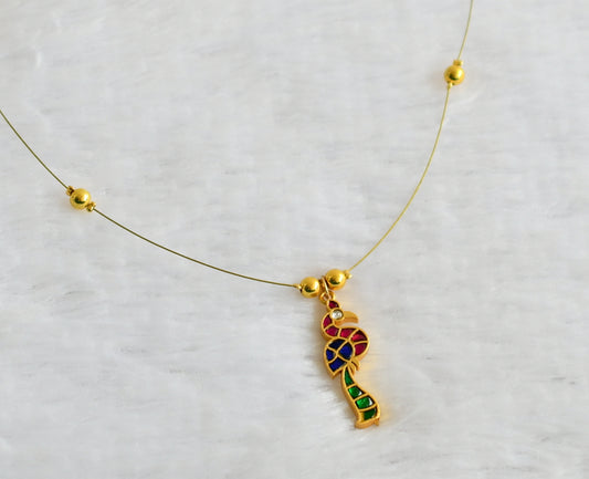 Gold tone pink-green-blue-white kundan jadau peacock invisible necklace dj-49331