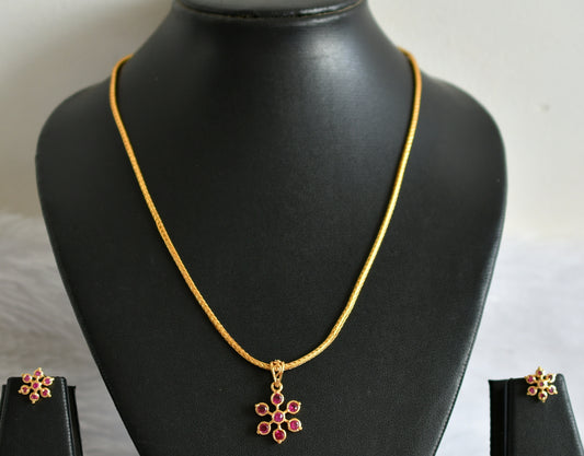 Gold tone 18 inches kodi chain with pink stone flower pendant set dj-49374