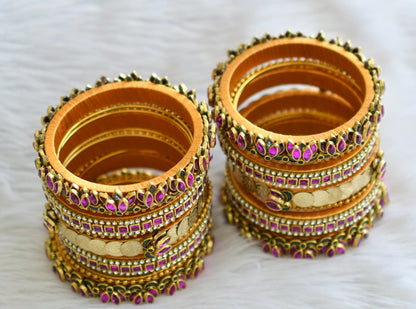Gold tone silk thread pink-green-white kundan lotus lakshmi coin bangles(2.8) dj-46004