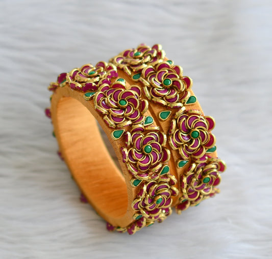 Gold tone silk thread pink-green kundan flower bangles(2.6) dj-45878