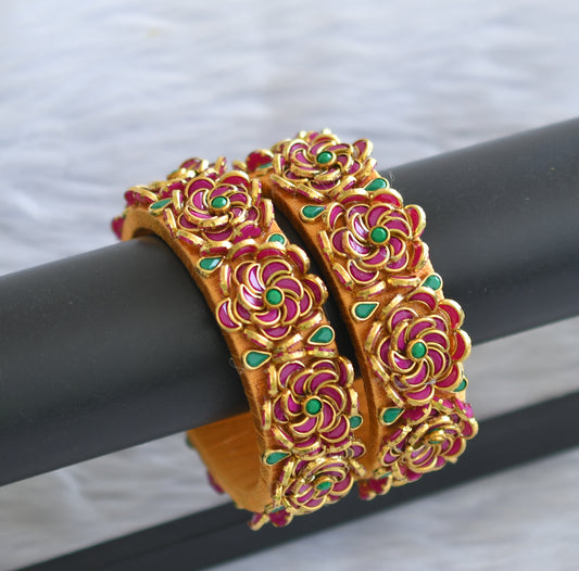 Gold tone silk thread pink-green kundan flower bangles(2.6) dj-45878