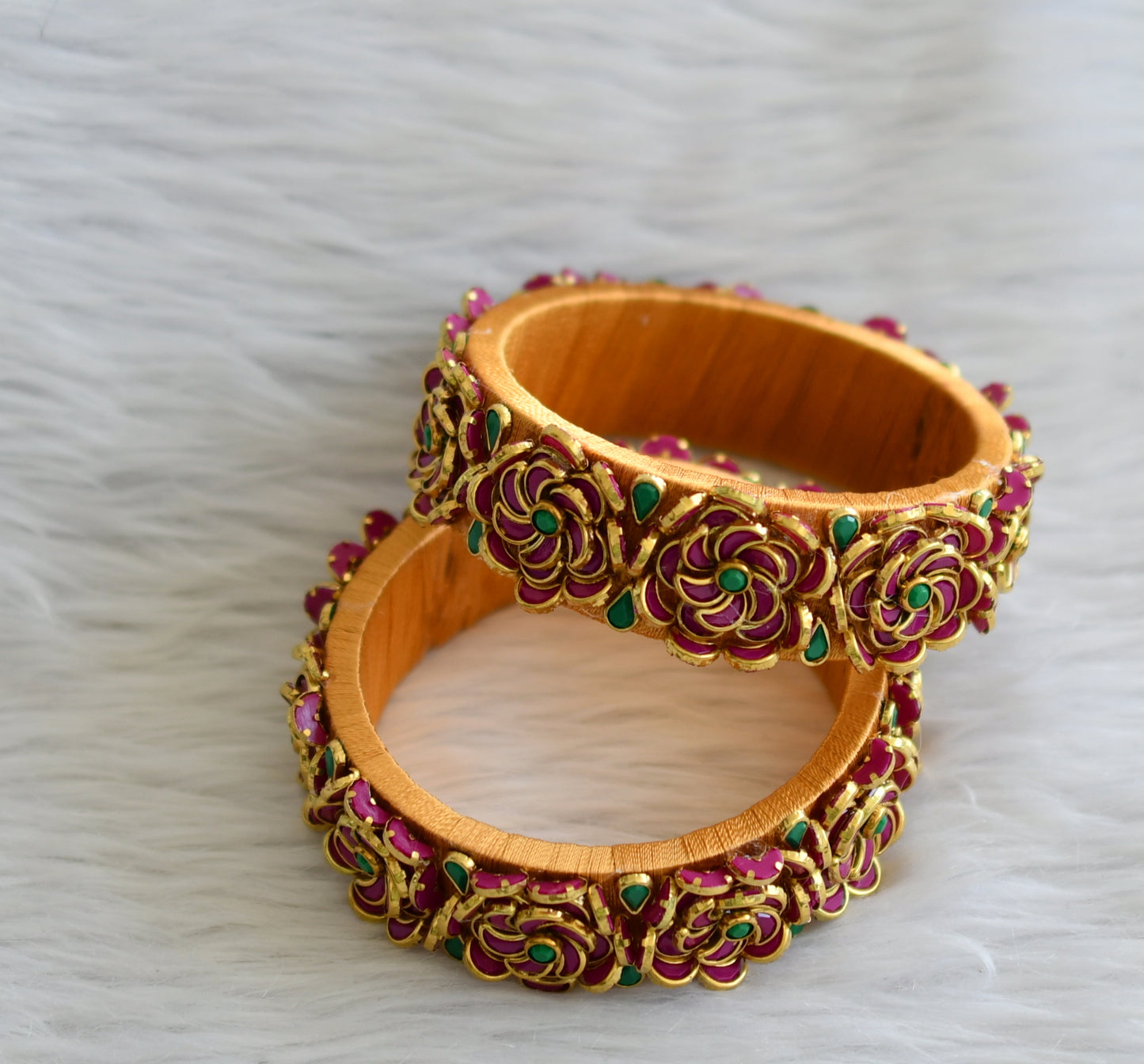 Gold tone silk thread pink-green kundan flower bangles(2.8) dj-45879