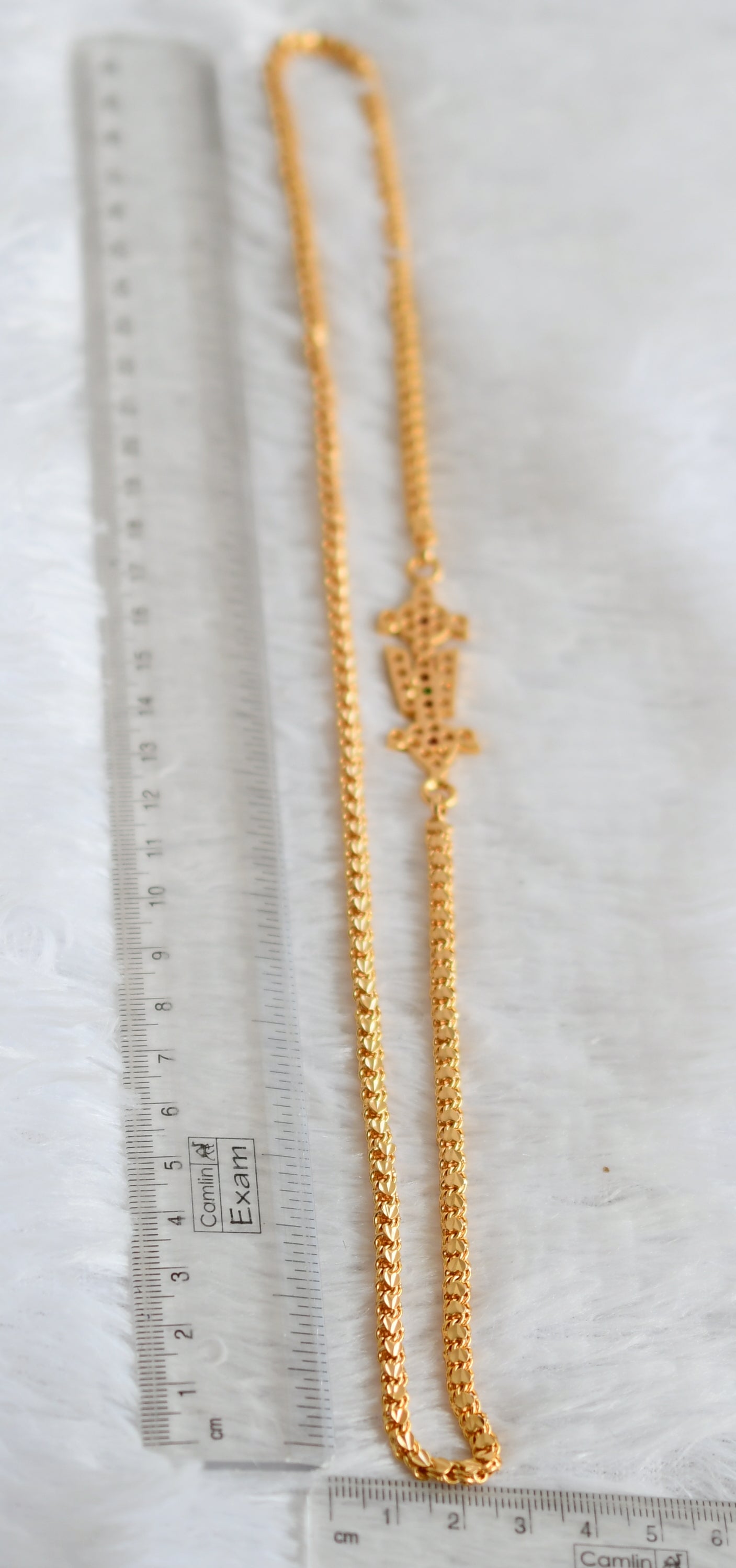 Gold tone ad pink-green-white shanku-chakra-nama 24 inches mugappu chain dj-49379