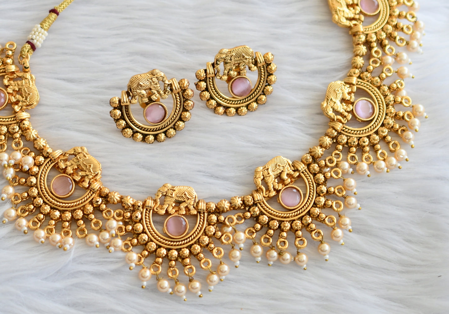 Antique baby pink-pearl elephant necklace set dj-45891